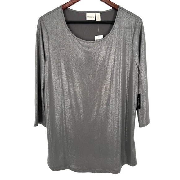 Chico's Tops - NEW NWT Chicos Sz 2 LARGE Metallic Silver 3/4 Sleeve Blouse Shirt Top Christmas